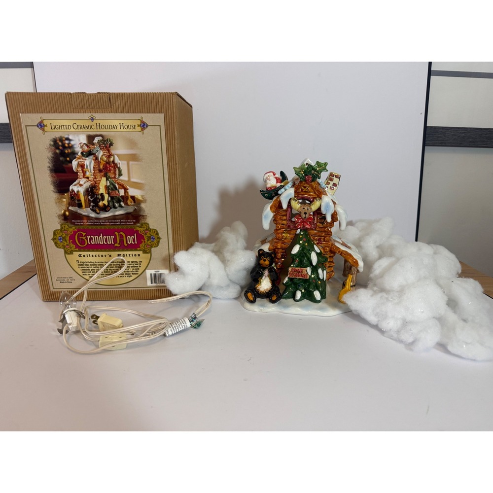 Grandeur Noel Lighted Ceramic Holiday House Log Cabin Bear Moose Christmas Decor